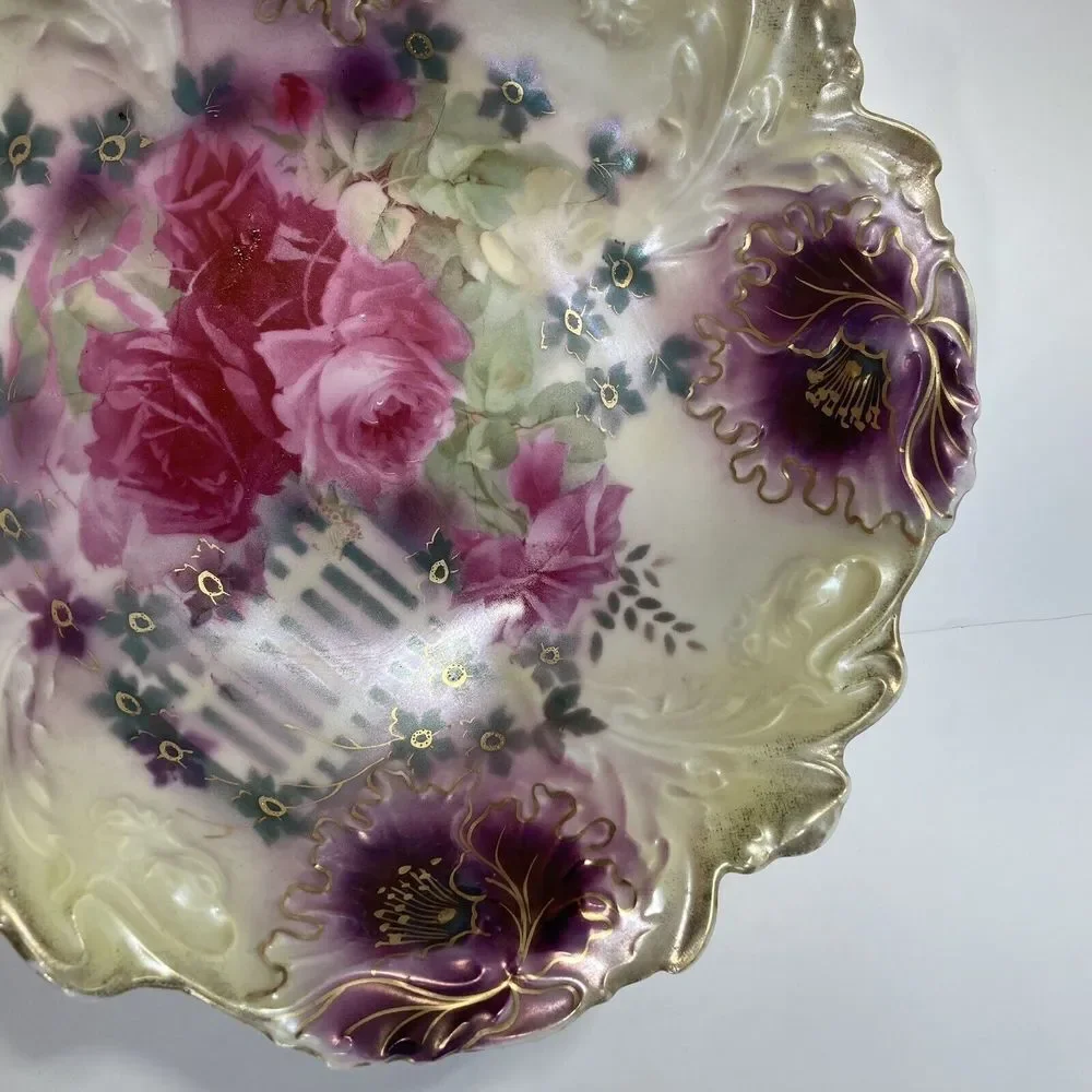 Antique‎ 10.5” Bowl A F S P Roses Scalloped Center Bowl Gold Pink Green Purple